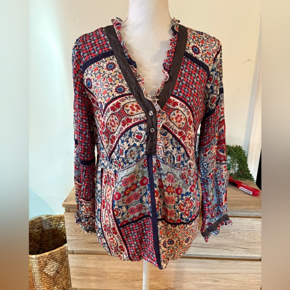 Johnny Was Red Multi Floral Patchwork V-Neck silk Blouse